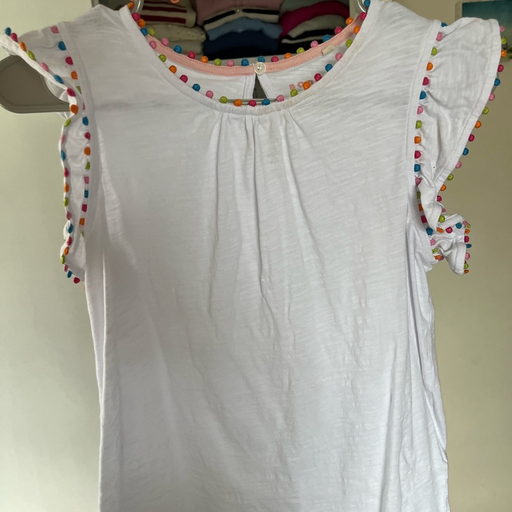 Boden White Top with Colorful Pom-Pom Trim